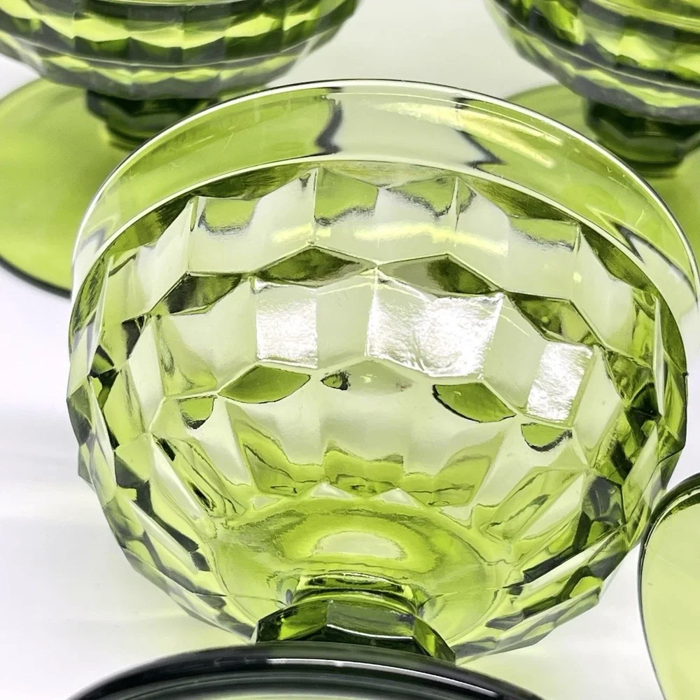 Vtg Indiana Glass Avocado Green‎ Footed Cubist Sherbet Dessert Dishes Lot of 4
